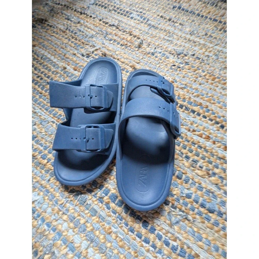Zara Blue Double Buckle Slide Sandals 38/7.5 Minimalist Resort Athleisure Ergono